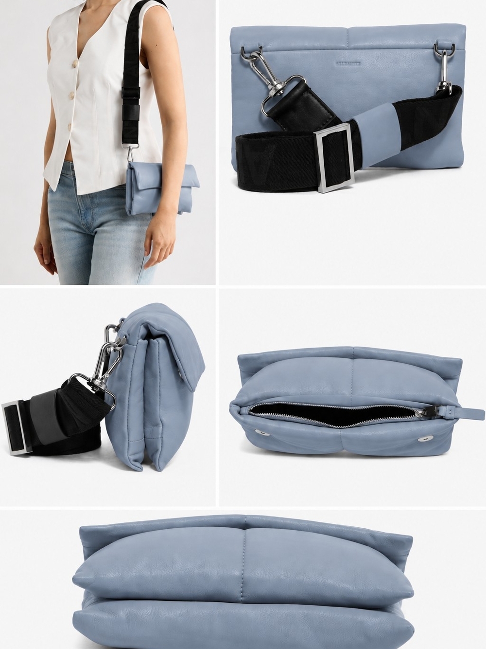 AllSaints Ezra Light Blue Leather Crossbody Bag with Wide Strap